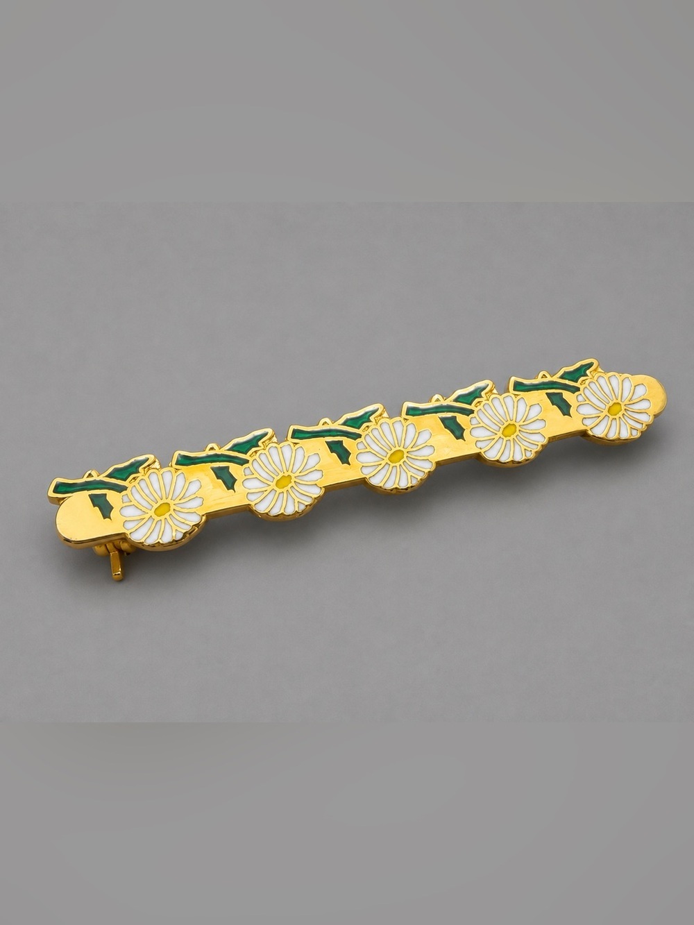 Vintage Cloisonné White & Green Daisy Bar brooch #CL200